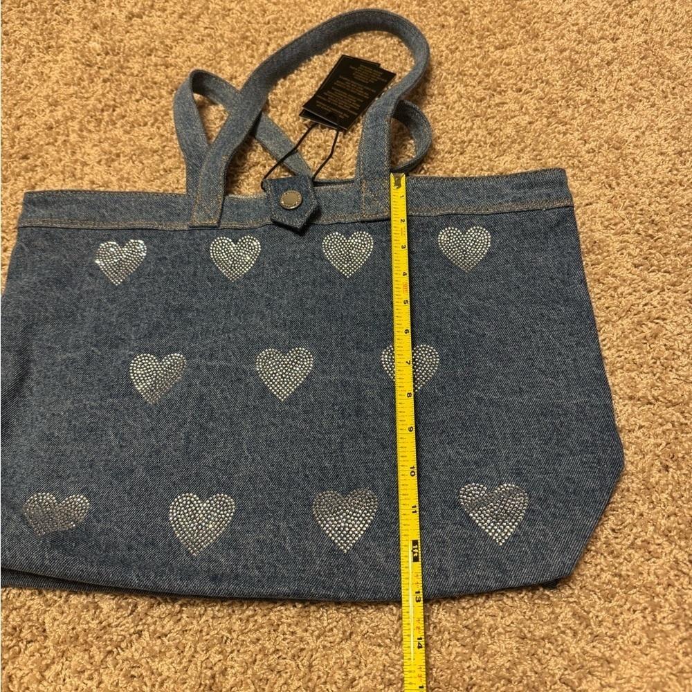 DG2 from HSN Blue Denim Tote Bag with Rhinestone Heart Accents New - Picture 4 of 5